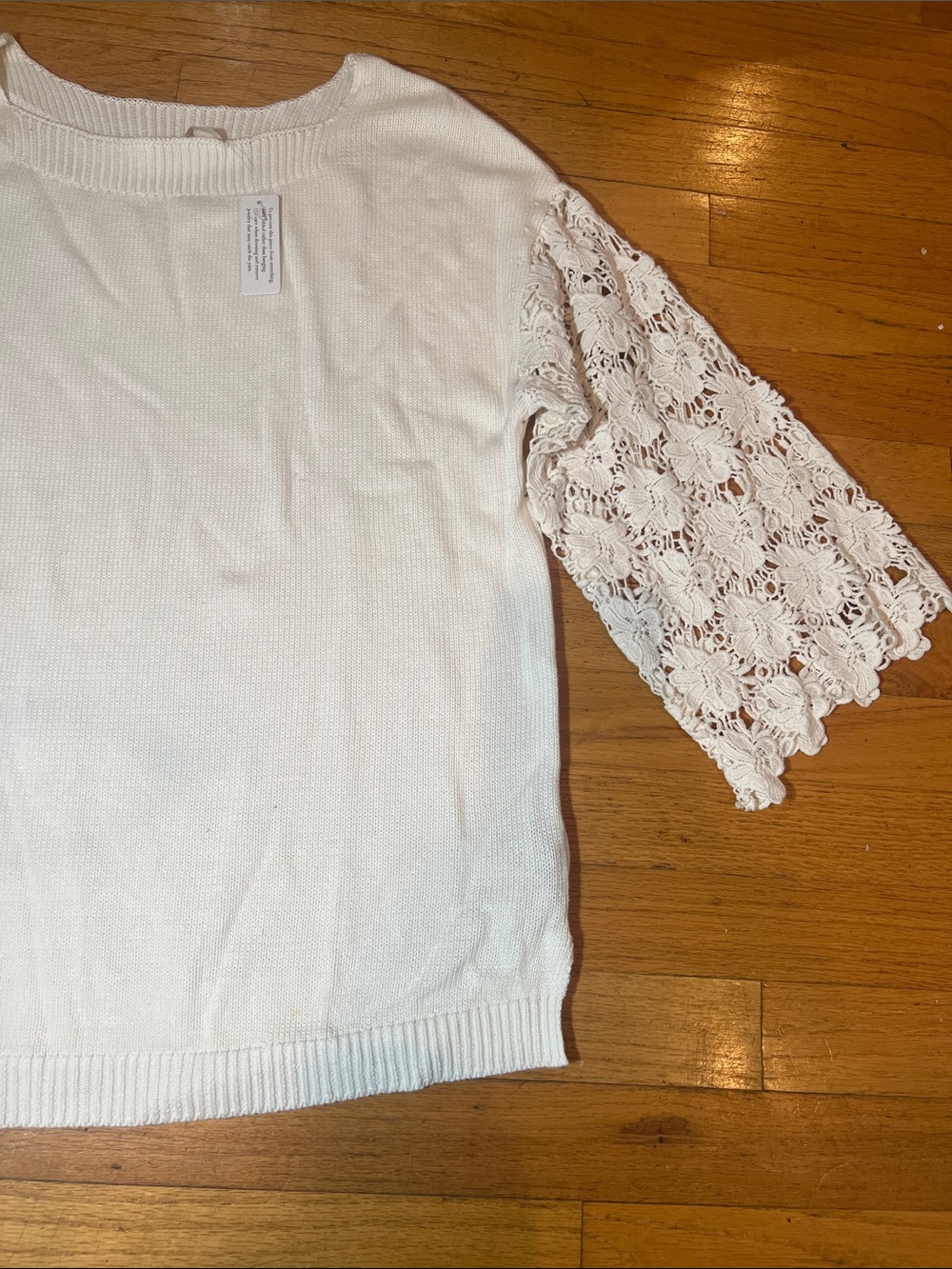 Soft Surroundings White Knit Top with Floral Lace Sleeves